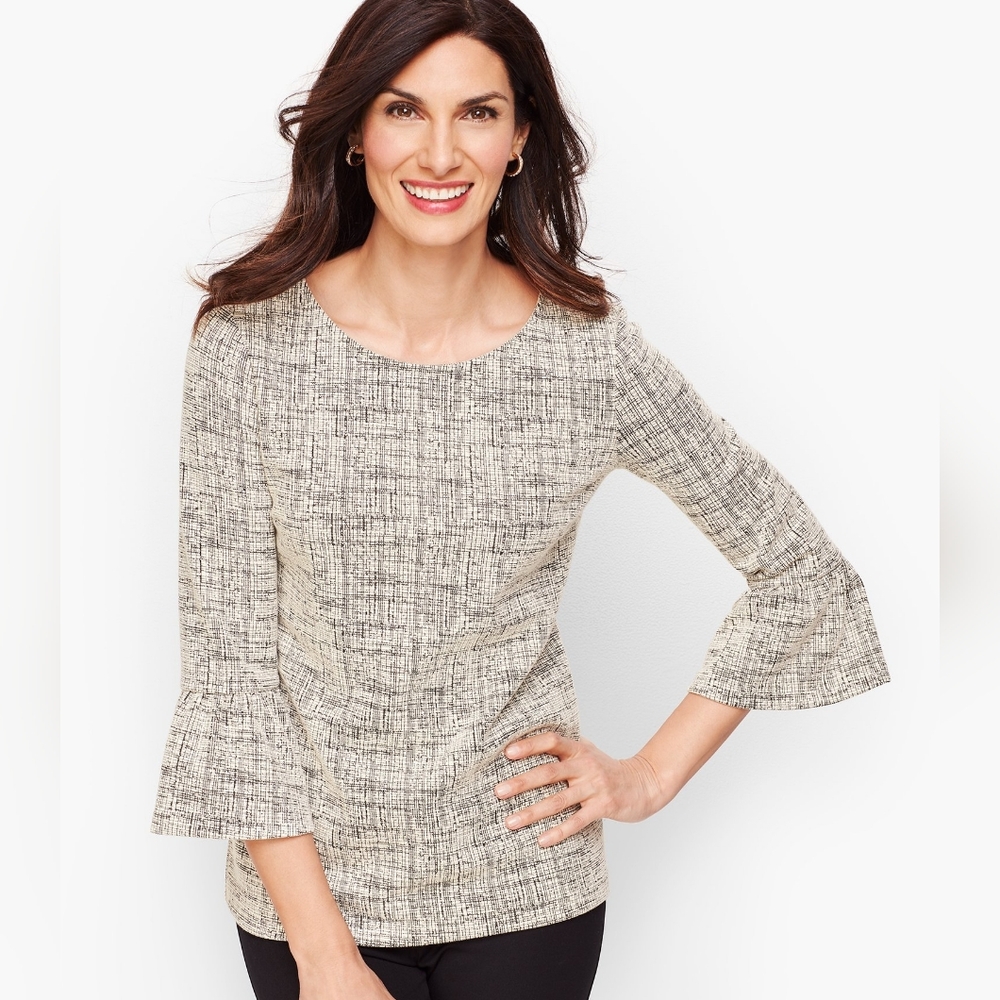 Talbots Shirt Flounce Sleeve blouse Gray cross hatch Size M